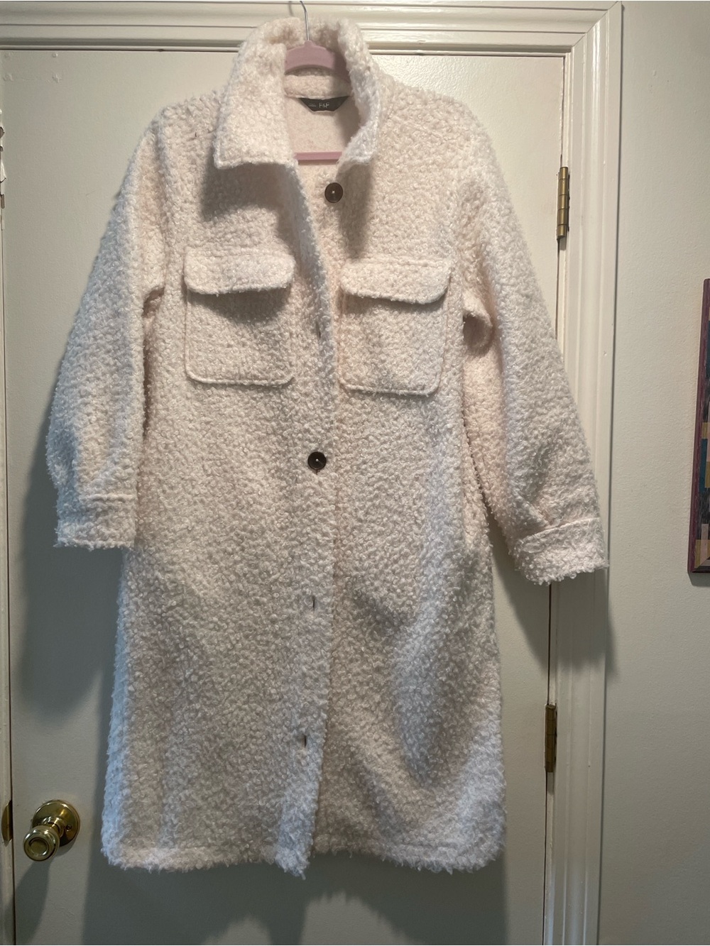 F&F Cream Borg Bouclé Midi Teddy Coat Flap Pockets Rounded Side Slits